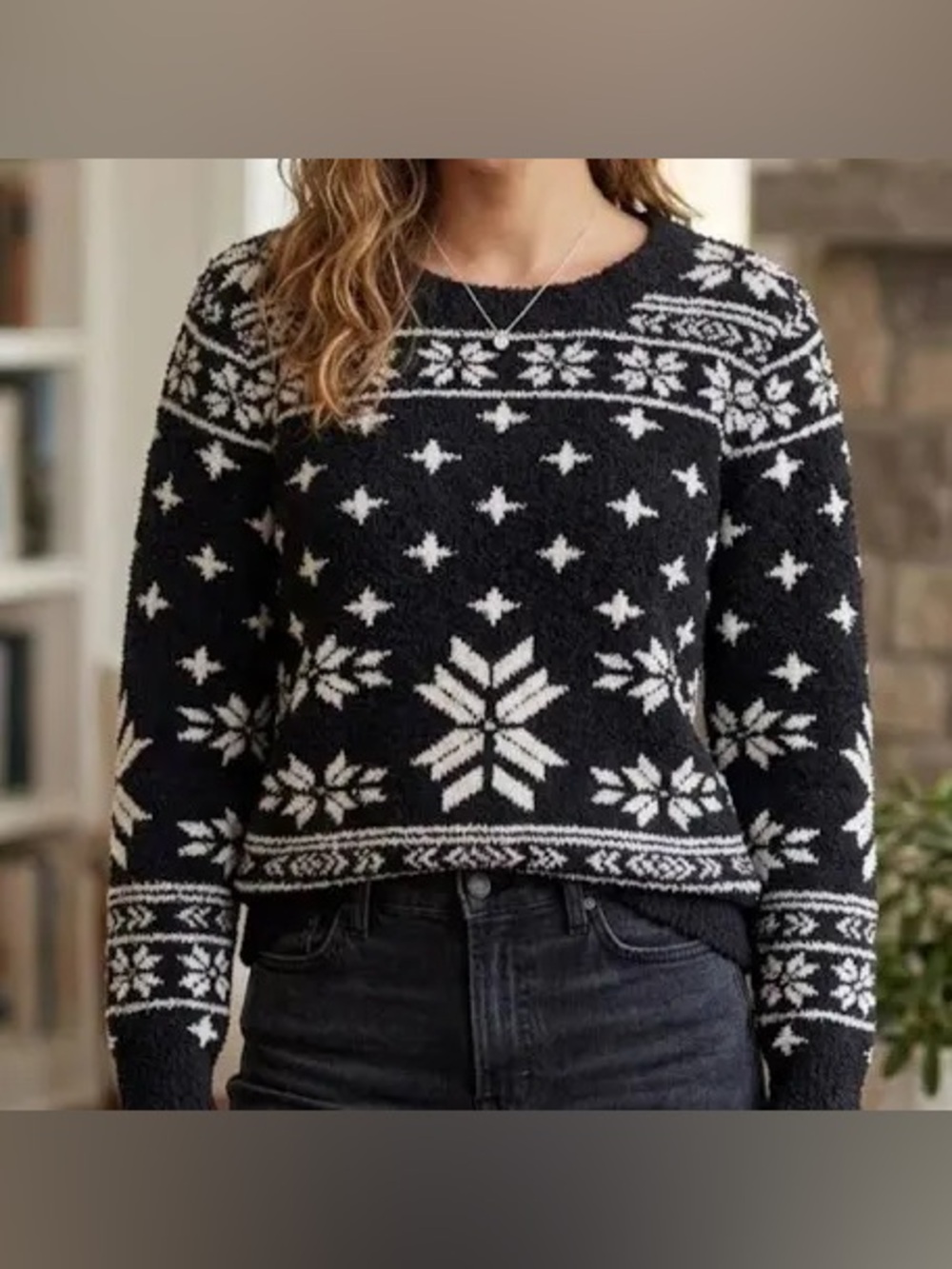Barefoot Dreams Women XL Black White Fair Isle Snowflake CozyChic Sweater Winter